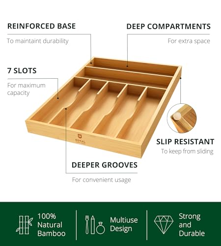 ROYAL CRAFT WOOD Luxury Bamboo Utensil Rack and Silverware Organizer, Kitchen Drawer Organizer - Utensil Holder and Cutlery Tray with Grooved Drawer Dividers for Flatware 7 Slot, Natural