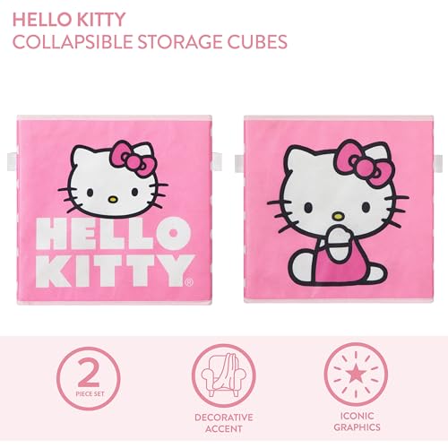 Hello Kitty Set of 2 Storage Cubes with Handles, Durable Foldable Fabric Organizer Bins for Bedroom, Closet, Nursery & Dorm, 10x10x10 Inch Cube Storage Baskets for Toys, Clothes & Shelves