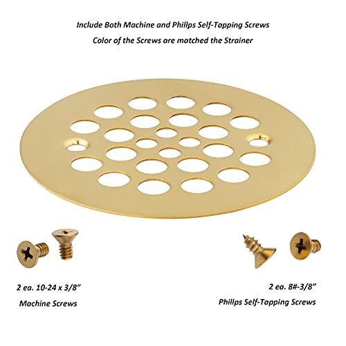 4-1/4“ Shower Strainer Drain Trim Set, Screw-in Shower Strainer Drain Cover, Plastic-Oddities Style Replacement Strainer Grid,Machine & Self-Tapping Screws Included (Brushed Gold)