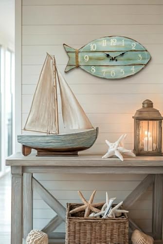 Fish Beach Wall Clock Silent Non-Ticking Wooden Wall Clocks Ocean Sea Theme