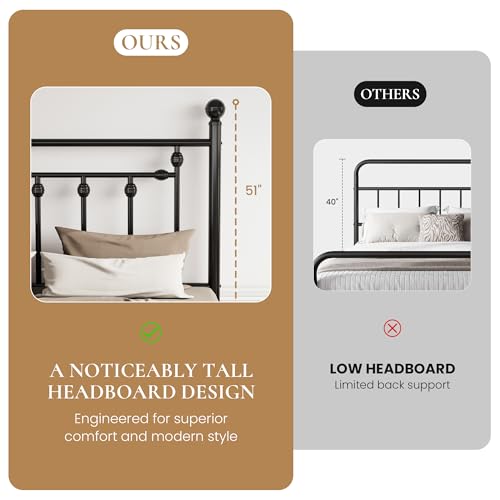SHA CERLIN 14" Queen Size Metal Platform Bed Frame/Victorian Headboard and Footboard/Steel Slats Mattress Foundation for Storage/No Box Spring Needed/Noise Free/Black