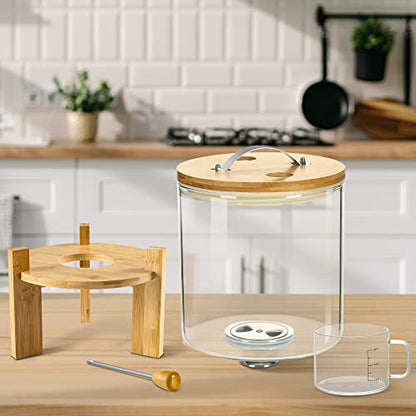 Rice Dispenser, Rice Storage Container：Flour and Cereal Container with Airtight Lid and Wooden Stand, Glass Food Storge Container for Kitchen Organization and Pantry Store (5L)