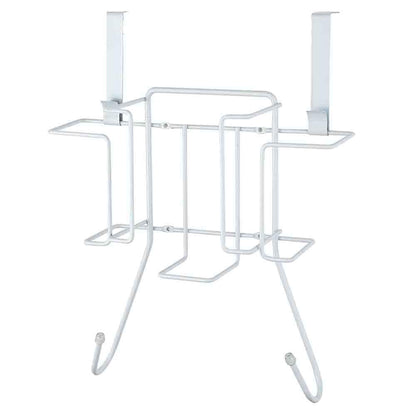 Sunbeam Laundry Room Metal Over the Door Hanging Ironing Board Holder and Organizer, Holds Standard Size Iron, Board, Spray Bottles, Starch, Fabric softener, White finish