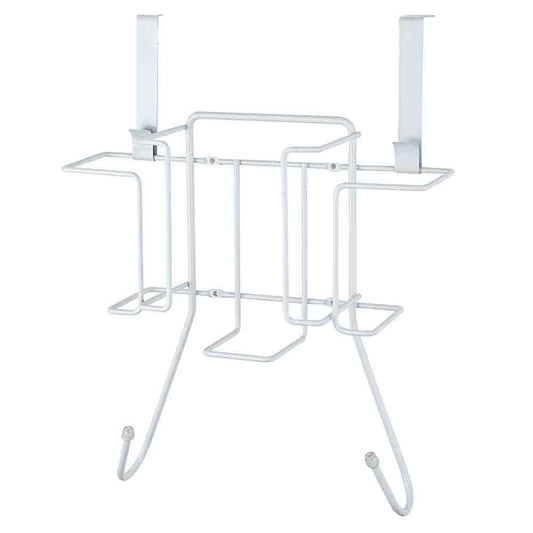 Sunbeam Laundry Room Metal Over the Door Hanging Ironing Board Holder and Organizer, Holds Standard Size Iron, Board, Spray Bottles, Starch, Fabric softener, White finish