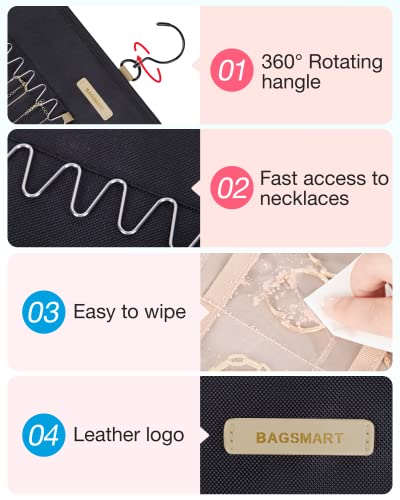 BAGSMART Hanging Jewelry Organizer Necklace/Earring/Ring 2-Sided L Black | Case Storage Bag for Necklace, Earrings, Rings
