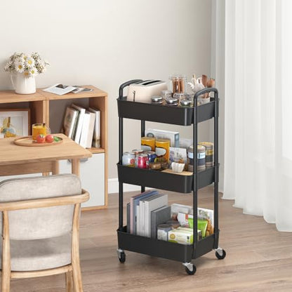 Sywhitta 3-Tier Plastic Rolling Utility Cart with Wheels for Storage,Black | Multi-Functional Storage Trolley, for Office, Living Room, Kitchen, Bathroom,Movable Organizer,Space-Saving,Easy to assemble