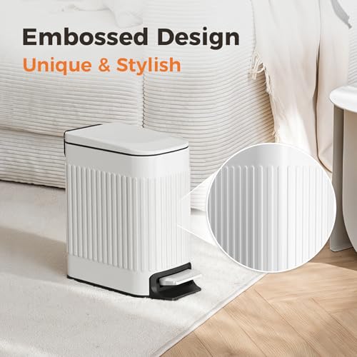 Slim Bathroom Trash Can with Lid Soft Close & Pedal, 1.6Gal, White | Removable Inner Bucket, Stainless Steel Garbage Can, Small Wastebasket for Toilet/Office/Bedroom, Retro Design, Odor Control