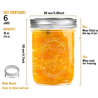16 oz Wide Mouth Glass Mason Jars with Lids, 6 Pack for Canning