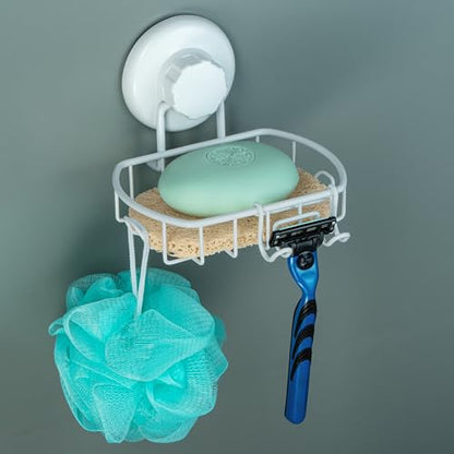 HASKO Suction Cup Soap Dish for Shower Wall, Rustproof Stainless Steel Shower Soap Holder with Hooks for Bathroom, Includes Optional No Drill Adhesive Mount and Soap Savers, 2 Pack, White
