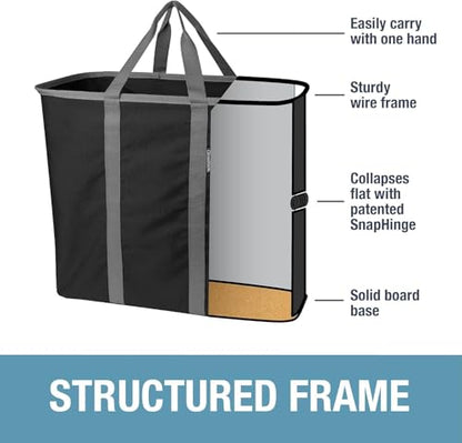 CleverMade Collapsible Laundry Caddy, 64L, 2 Pack, Black Gray | A reinforced rim and base keep it upright for loading. Comfortable handles move up to 2 full loads, then it folds flat.