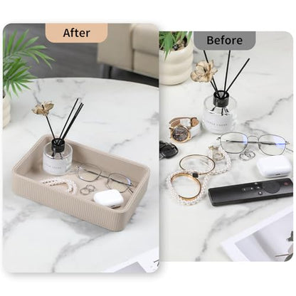 Valet Tray Organizer Bedside Nightstand Organizer Desk CatchallTray | PU Leather, Soft Lining, Larger Size, Decorative Modern Design, Aesthetic Stripes, Waterproof And Stain-Resistant