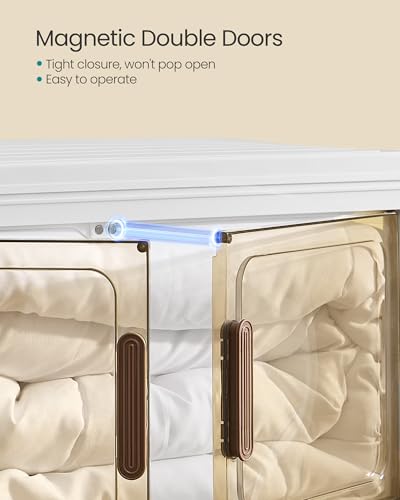 SONGMICS 48QT Plastic Storage Bins with 1 Lid, 4-Tier Stackable Bins with Doors and Wheels, Foldable Storage Boxes, for Closets, Bedroom, Living Room, Office, White URLB450WZ01