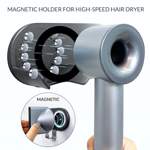 Hair Dryer Holder Wall Mount for All Magnetic High Speed Blow Dryer with Plug Cord Organizer Hook (Aluminum Alloy, Grey)