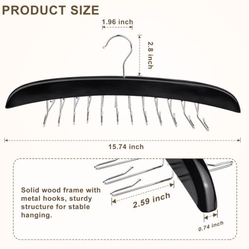 2 Pack Tie Rack Hanger, 24 Hooks Each, Space Saving Wooden Tie Organizer for Men, Holds Up to 24 Ties Belts Scarves, 360° Rotating Anti-Slip Rustproof Foldable Steel Hooks, No Wrinkles