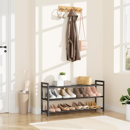 LANTEFUL 3-Tier Expandable Shoe Rack for Closet, Adjustable 18"-33" Metal Shoe Organizer for 12 Pairs, Shoe Shelf for Small Spaces, Entryway, Bedroom with 5 Hooks