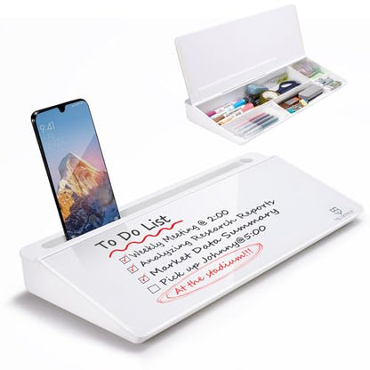Small Desktop Whiteboard -Glass Dry Erase Board Computer Keyboard Stand White Board Surface Pad with Drawer, Desk Organizers with Accessories for Office, Home, School Supplies - White
