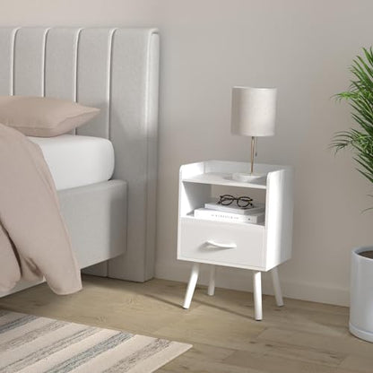 Yoobure Modern Nightstand with Drawer, Bedside Tables, Mid Century Nightstands with Open Storage Shelf, Wood Bedside Table, Small Night Stands for Bedrooms, 2-Tier Night Table