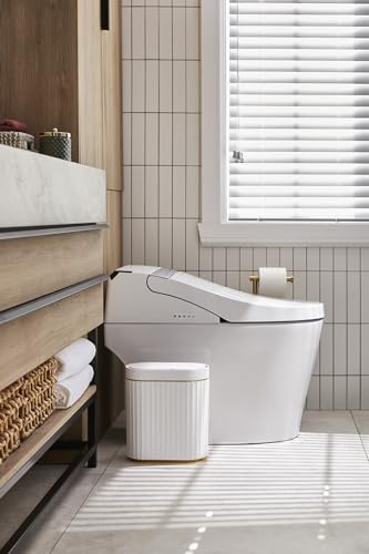 ELPHECO Bathroom Trash Can with Lid, 2 Gallon, Motion Sensor, White Gold | Automatic Garbage Can, IPX5 Waterproof Plastic Wastebasket, Trash Bin for Bathroom, Bedroom, Kitchen and Office