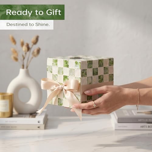 Capiz Tissue Box Cover, Square Decorative Tissue Holder with Bottom Slider, Handmade Checkered Cube Tissue Box Cover for Bathroom Vanity,Office or Bedroom,Green