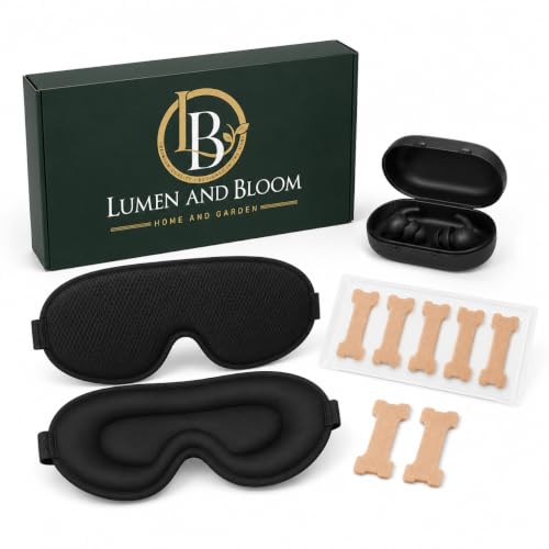 3-in-1 Sleep Kit for Women & Men - Eye Mask for Sleeping, Reusable Silicone Earplugs & 30 Nasal Strips | 3D Contoured Blackout Memory Foam | Travel Set for Snoring Relief | by Lumen and Bloom