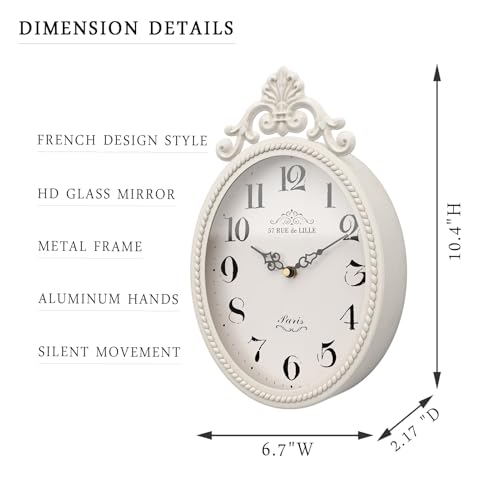 Abdurey Small French Retro Decor Wall Clock, Ivory White Vintage Oval Style | Silent Battery Operated Boho Decorative Wall Clocks for Farmhouse,Kitchen,Bedroom,Bathroom(10.4"H x 6.7"W)