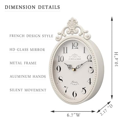Abdurey Small French Retro Decor Wall Clock, Ivory White Vintage Oval Style | Silent Battery Operated Boho Decorative Wall Clocks for Farmhouse,Kitchen,Bedroom,Bathroom(10.4"H x 6.7"W)