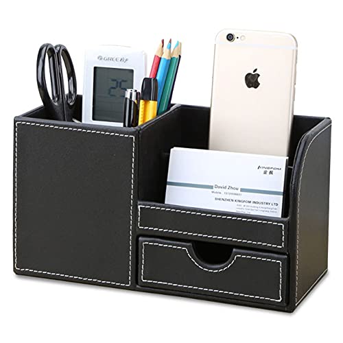 Desk Organizer Office Supplies Caddy Pu Leather Multi-function Storage Box Pen/Pencil,Cell phone, Business Name Cards Remote Control Holder with Small Drawer Black
