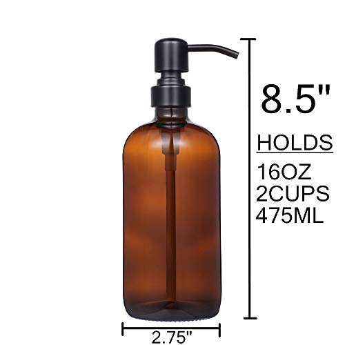 2 Pack Thick Amber Glass Pint Jar Soap Dispenser with Matte Black Stainless Steel Pump, 16ounce Boston Round Bottles Dispenser with Rustproof Pump for Essential Oil, Lotion Soap | Stainless Steel Pumps, Refillable Bottles, For Kitchen & Bathroom