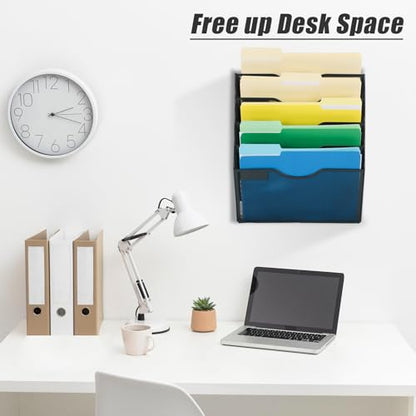 5 Pocket Mesh Hanging Wall File Organizer, Wall Mounted Mail Paper Document Folder Holder, Clipboard Storage Organization Magazine Rack with Nametag Label for Office Home School, Black