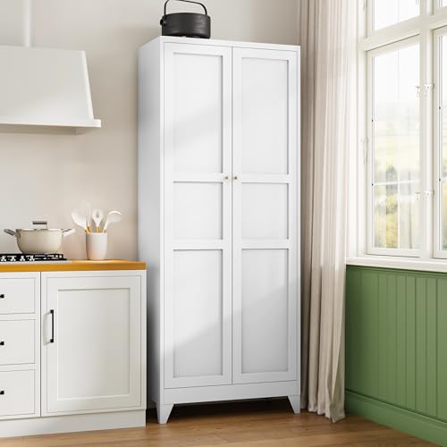 75" H Metal Storage Cabinet with 2 Doors and 4 Shelves,Tall Kitchen Pantry Cabinets,Farmhouse Utility Pantry Organizers for Cupboard/Dining/Bathroom/Home Office/Garage Room,White