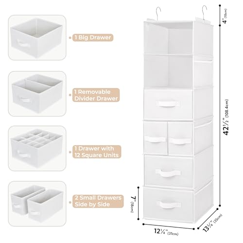GRANNY SAYS Hanging Closet Organizer and Storage, 6 Shelf Clothes Organization with Drawers, 6 Side Pockets Closet Hanging Shelves for Bras, Socks, Underwear, Nursery Room, Wardrobe, White, 1-Pack