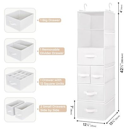 GRANNY SAYS Hanging Closet Organizer and Storage, 6 Shelf Clothes Organization with Drawers, 6 Side Pockets Closet Hanging Shelves for Bras, Socks, Underwear, Nursery Room, Wardrobe, White, 1-Pack