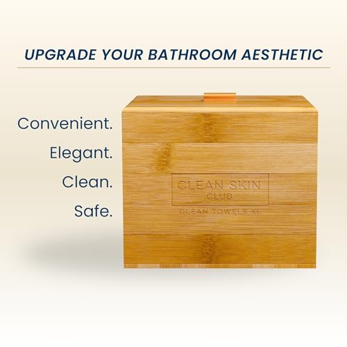 Clean Skin Club Luxe Bamboo container with Removable Cover includes Clean Towels® Original XL 50 Count, Disposable Face Towel Holder for Bathroom Counter