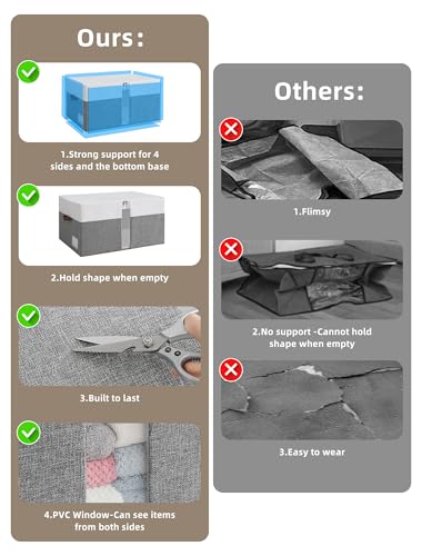 Reinforced LARGE Blanket Storage Baskets with Lids, 2 Packs Stackable Comforter Storage Bag with Clear Window & Handles, Clothes Organizer for Closet,King/Queen Comforters Quilt Duvet