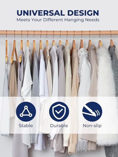 Wooden Hangers 10 Pack, Solid Wood Coat Hanger for Closet, Heavy Duty Wood Hangers for Suits, Shirts, Dresses, with 360° Rose Gold Hook, Non Slip Pant Bar, Natural
