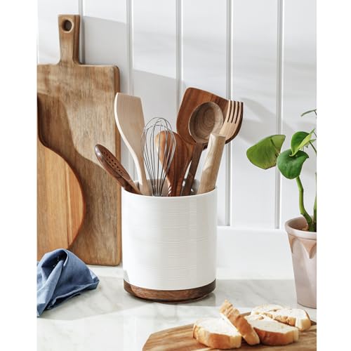 Utensil Holder, 360° Rotating Extra Large Ceramic Kitchen Utensil Holder for Countertop, 7.3“ Cooking Utensil Crocks for Kitchen Counter with Rotatable Wooden Base, Farmhouse Decor, White