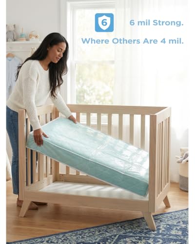 Mini Crib Mattress Bag for Moving and Storage, with Dual Zipper and Carrying Handles, 6 Mil Thick Clear Plastic Waterproof Mattresses Bag, Heavy Duty - Long Lasting, 38 x 24 x 4.3 Inch