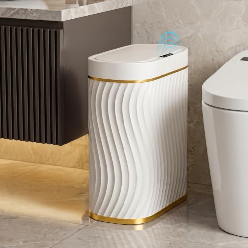 2.6 Gallon Automatic Bathroom Trash Can with Touchless Lid, White Gold | Motion Sensor Trash Can with Slim Waterproof Body; Small Plastic Garbage Can, hands-free lid for Bedroom, office, and kitchen