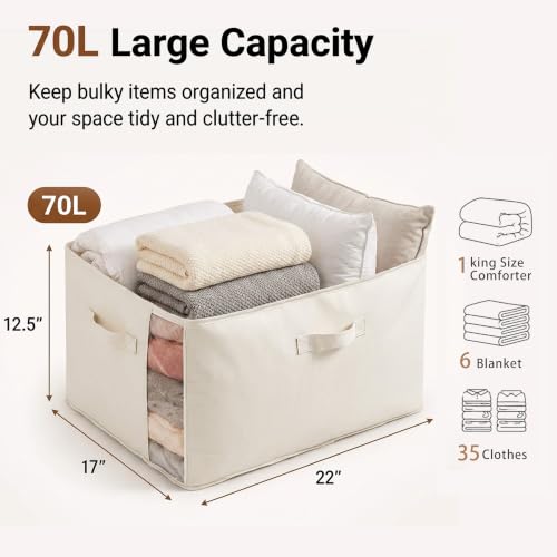 6Pack Canvas Storage Bags for Clothes & Comforters with Clear Window, Beige | 70L Large Capacity, Cotton Linen Fabric, Reinforced Handles, Foldable Design for King Comforters, Clothes and Blanket Storage