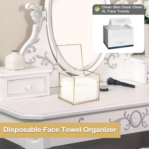 Sumnacon Glass Disposable Face Towel Holder Compatible with Clean Skin Cluub XL Facial Towels, Gold Clear Face Towels Storage Box with Lid, Makeup Container Organizer for Bathroom, Vanity Countertop