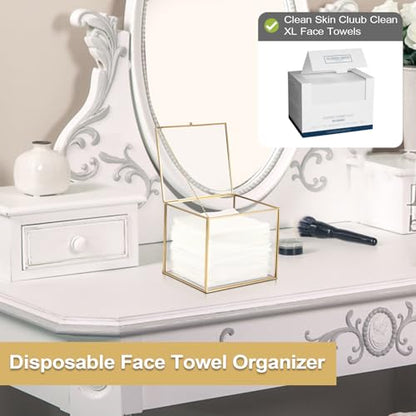 Sumnacon Glass Disposable Face Towel Holder Compatible with Clean Skin Cluub XL Facial Towels, Gold Clear Face Towels Storage Box with Lid, Makeup Container Organizer for Bathroom, Vanity Countertop