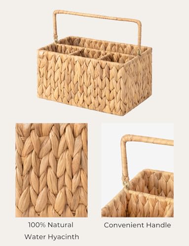 StorageWorks Wicker Silverware Caddy for Party, Rattan Utensil Holder | Hand-Woven Water Hyacinth Cutlery Basket for Countertop, Utensil Caddy for Parties, Silverware Organizer with Handle, 1-Pack