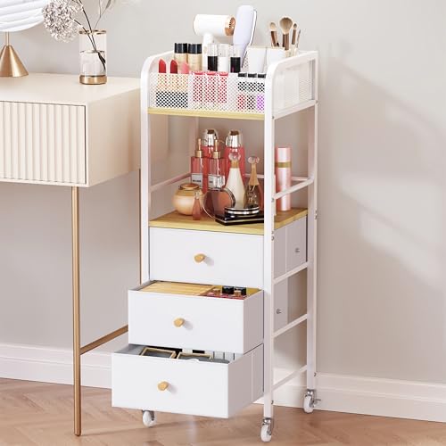 HapiRm Rolling Makeup Cart Organizer - Floor Skincare Make Up Storage with 3 Non-woven Fabric Drawers, Vanity Organizer Cosmetic Display Cases Holder for Skin Care Perfume Nail Polish Brush Hair Tool