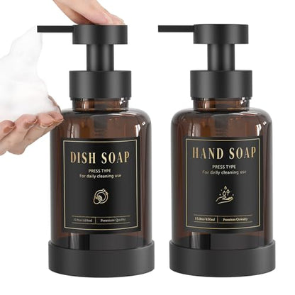 Luxspire Glass Foaming Soap Dispenser 15oz Hand Soap Bottle, Amber, 2 Pack | Anti-drip pump, wide mouth easy refill, non-slip silicone base, 5 waterproof labels, refillable glass for hand dish soap