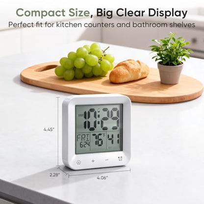 Bathroom Clock Waterproof Shower Timer, Digital Wall Clock with Countdown, Touch Screen, LCD Display, Temperature, Suction Cup/Hanging Hole/Stand, Spa Sauna I White