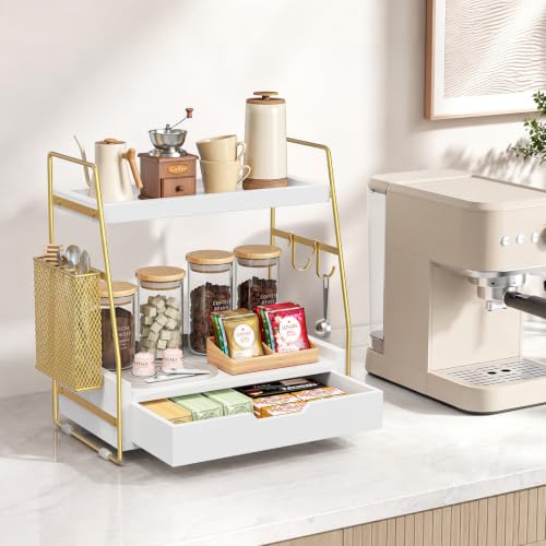 2-Tier Bathroom Counter Organizer with Drawer, Wood Counter Storage Shelf | Bathroom Vanity Organizer Countertop for Makeup, Skincare, Perfume, with Removable Basket, 13.4" x 7.9" x 14.5", White Gold