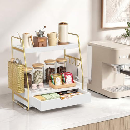 2-Tier Bathroom Counter Organizer with Drawer, Wood Counter Storage Shelf | Bathroom Vanity Organizer Countertop for Makeup, Skincare, Perfume, with Removable Basket, 13.4" x 7.9" x 14.5", White Gold