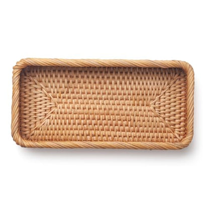 Rattan Bathroom Vanity Trays Toilet Tank Baskets Long Narrow Hand Towel Storage Basket for Storage, Decorative (Natural 10.2 x 4.9 x 1.6 inch)