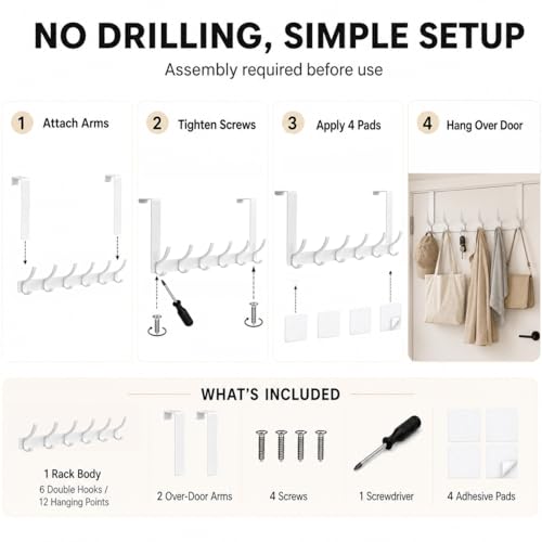 2 Pack Over The Door Hooks, Sturdy Door Hanger, Large Over The Door Towel Rack with 12 Hooks, Heavy Duty Easy to Install, for Bathroom, Bedroom，Kitchen，Hanging Towels, Coats (White)