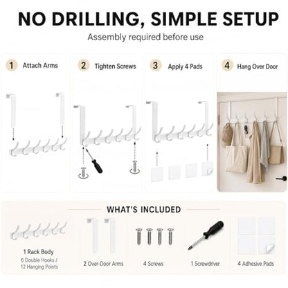 2 Pack Over The Door Hooks, Sturdy Door Hanger, Large Over The Door Towel Rack with 12 Hooks, Heavy Duty Easy to Install, for Bathroom, Bedroom，Kitchen，Hanging Towels, Coats (White)